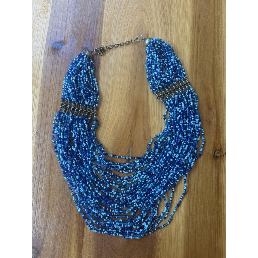Blue‎ Beaded Necklace Multiple Strands Microbeads Collar style vintage unique